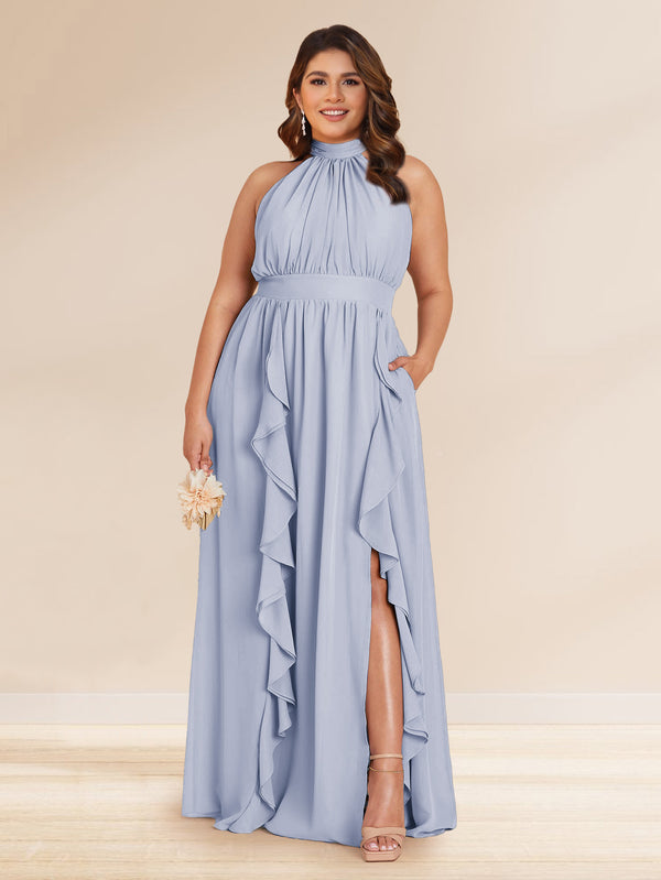 Chiffon A-Line/Princess Halter Plus Size Bridesmaid Dresses with Split Side & Ruffles