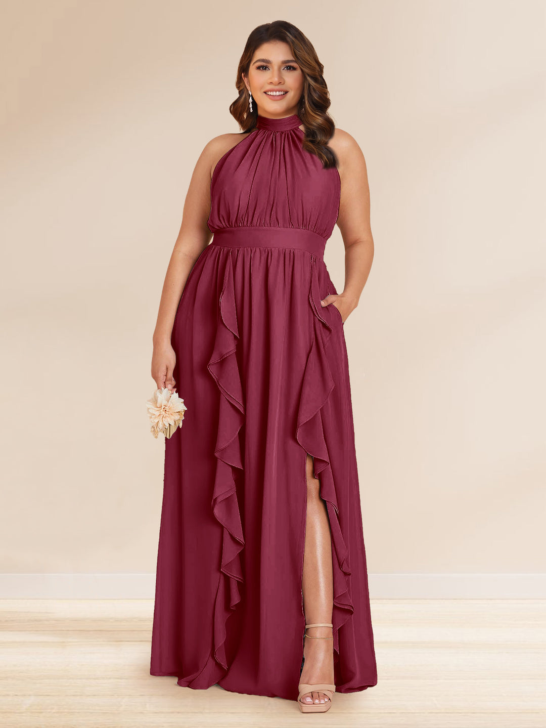 Chiffon A-Line/Princess Halter Plus Size Bridesmaid Dresses with Split Side &amp; Ruffles