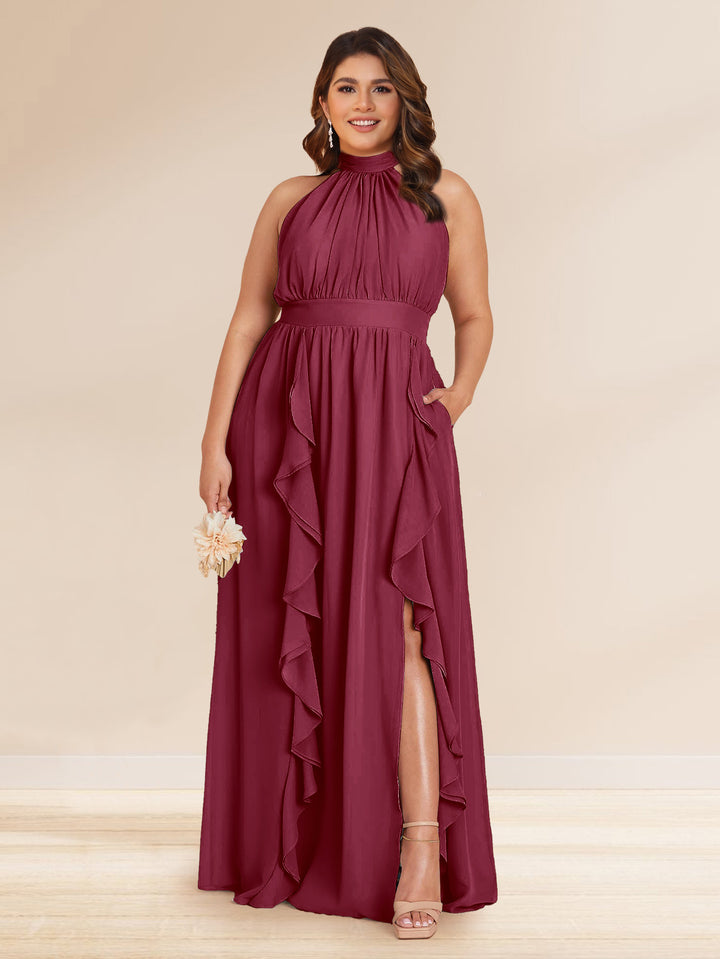 Chiffon A-Line/Princess Halter Plus Size Bridesmaid Dresses with Split Side &amp; Ruffles