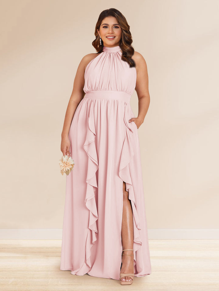 Chiffon A-Line/Princess Halter Plus Size Bridesmaid Dresses with Split Side &amp; Ruffles