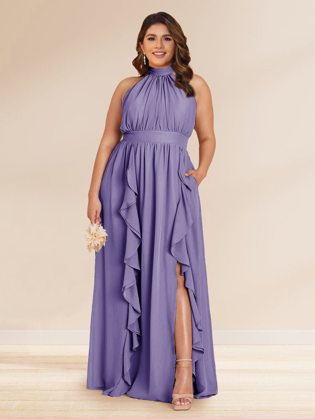 Chiffon A-Line/Princess Halter Plus Size Bridesmaid Dresses with Split Side &amp; Ruffles