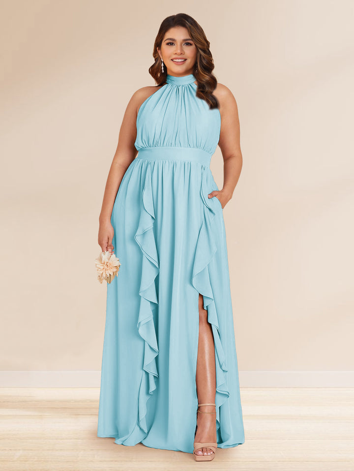 Chiffon A-Line/Princess Halter Plus Size Bridesmaid Dresses with Split Side &amp; Ruffles