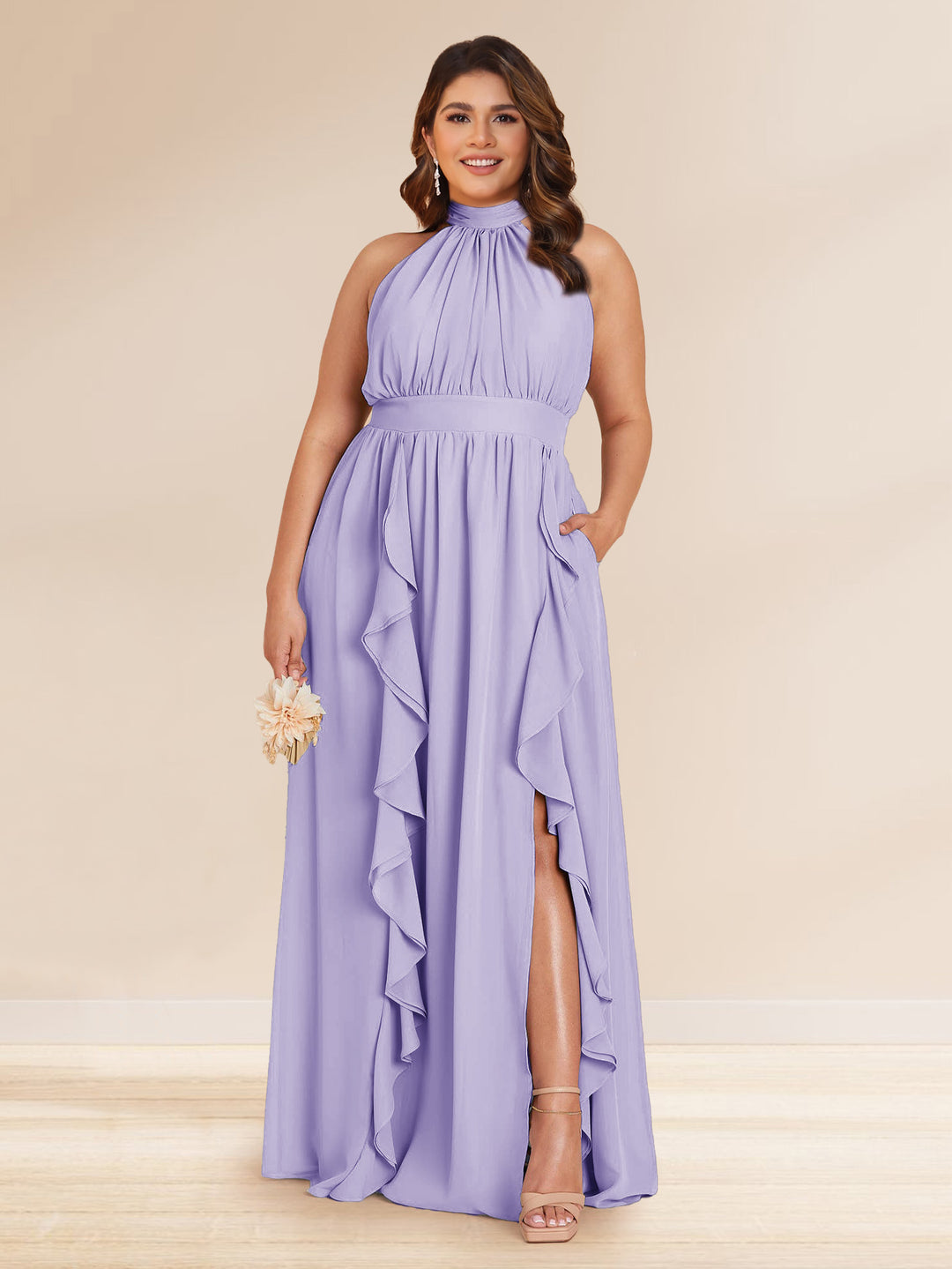 Chiffon A-Line/Princess Halter Plus Size Bridesmaid Dresses with Split Side &amp; Ruffles
