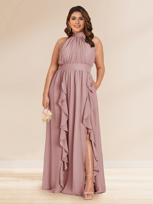 Chiffon A-Line/Princess Halter Plus Size Bridesmaid Dresses with Split Side & Ruffles