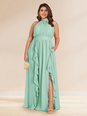 Chiffon A-Line/Princess Halter Plus Size Bridesmaid Dresses with Split Side & Ruffles
