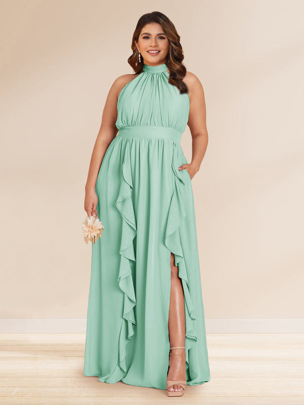 Chiffon A-Line/Princess Halter Plus Size Bridesmaid Dresses with Split Side & Ruffles