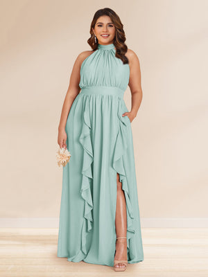 Chiffon A-Line/Princess Halter Plus Size Bridesmaid Dresses with Split Side & Ruffles