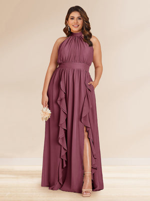 Chiffon A-Line/Princess Halter Plus Size Bridesmaid Dresses with Split Side & Ruffles