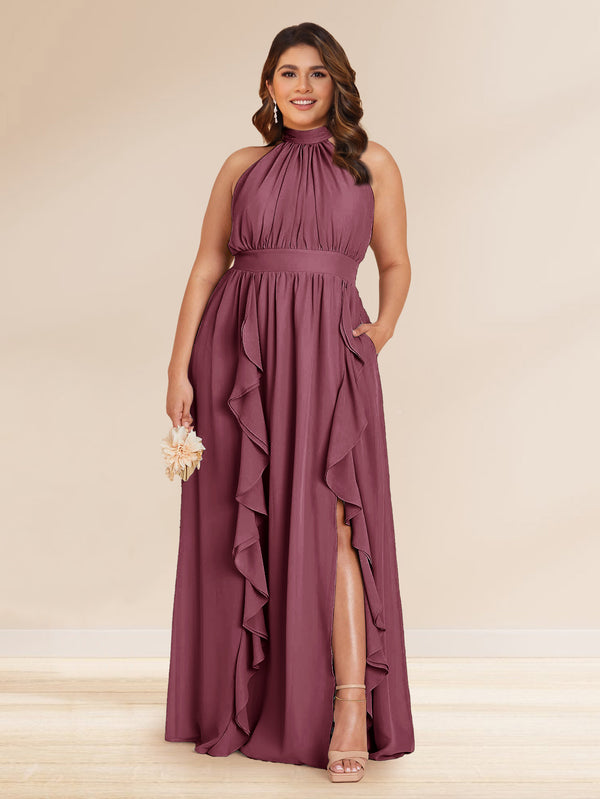 Chiffon A-Line/Princess Halter Plus Size Bridesmaid Dresses with Split Side & Ruffles