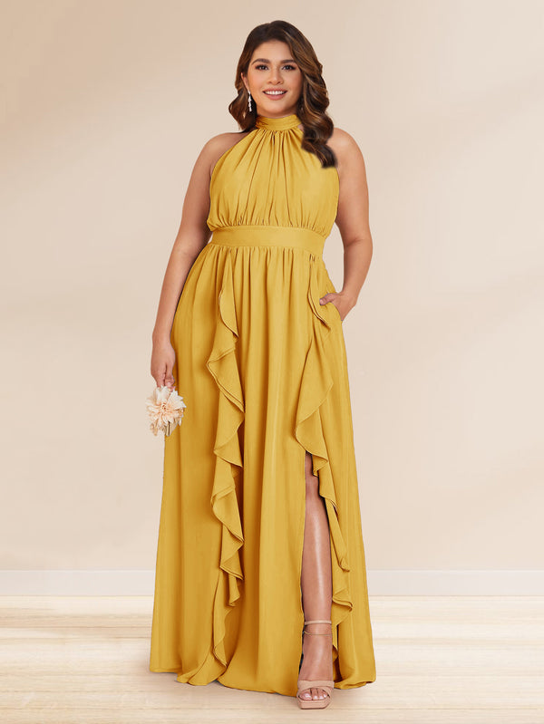 Chiffon A-Line/Princess Halter Plus Size Bridesmaid Dresses with Split Side & Ruffles
