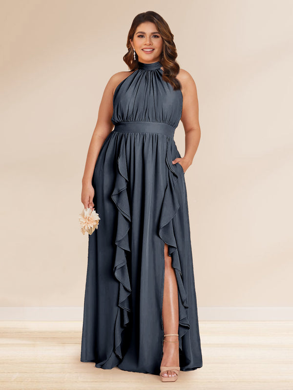 Chiffon A-Line/Princess Halter Plus Size Bridesmaid Dresses with Split Side & Ruffles