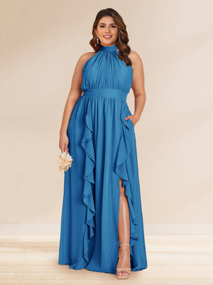Chiffon A-Line/Princess Halter Plus Size Bridesmaid Dresses with Split Side & Ruffles