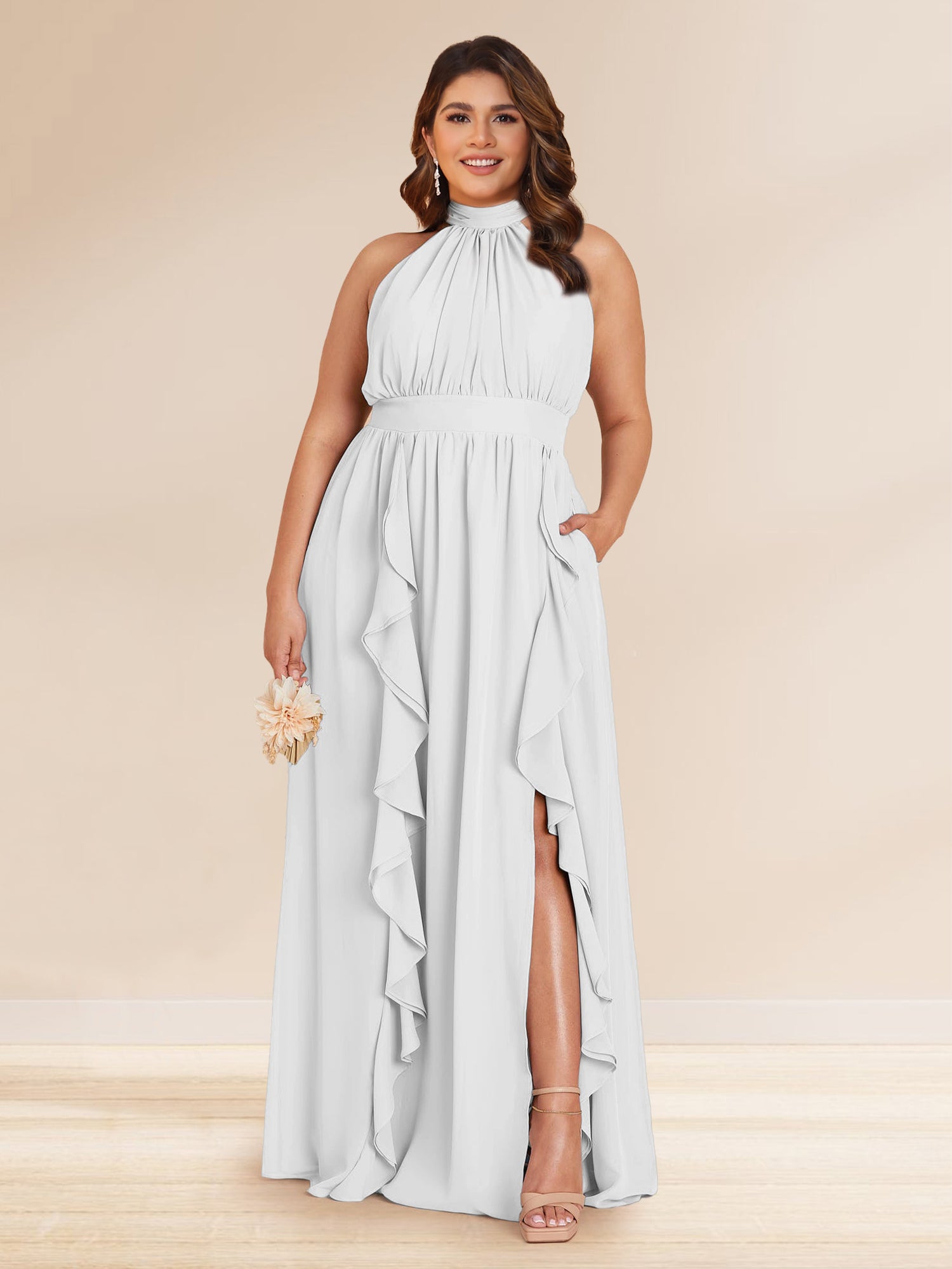 Chiffon A-Line/Princess Halter Plus Size Bridesmaid Dresses with Split Side & Ruffles