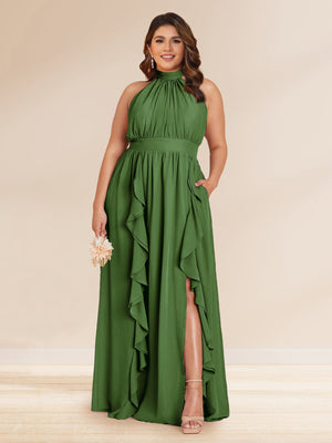 Chiffon A-Line/Princess Halter Plus Size Bridesmaid Dresses with Split Side & Ruffles