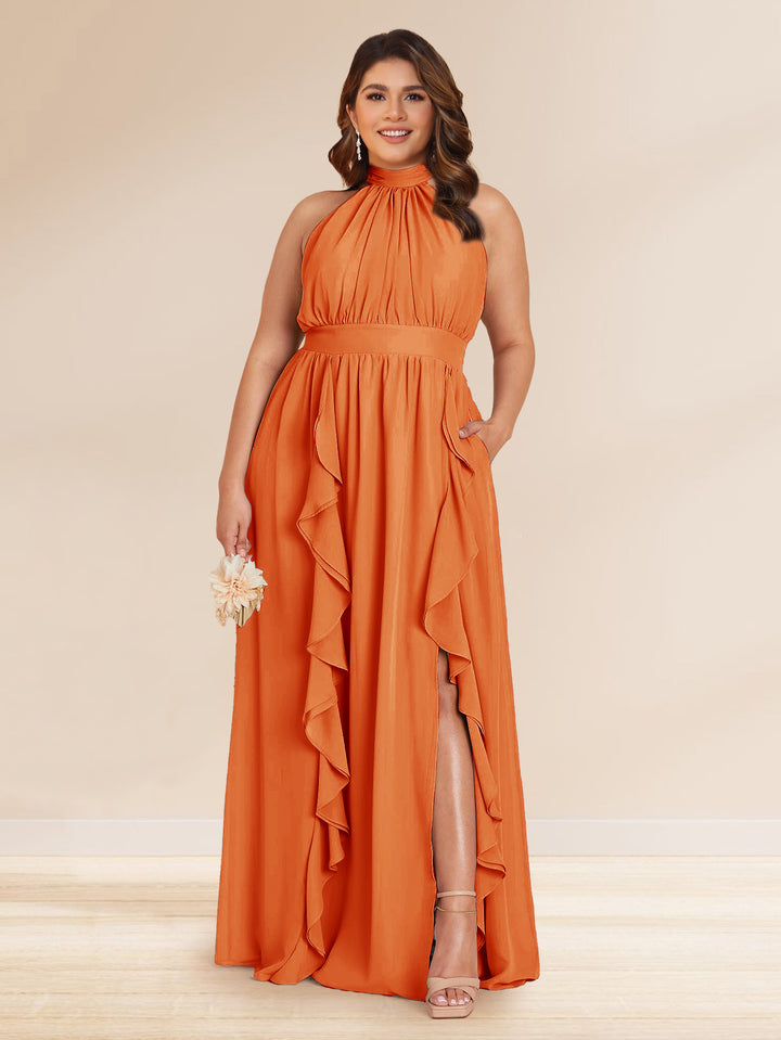 Chiffon A-Line/Princess Halter Plus Size Bridesmaid Dresses with Split Side &amp; Ruffles
