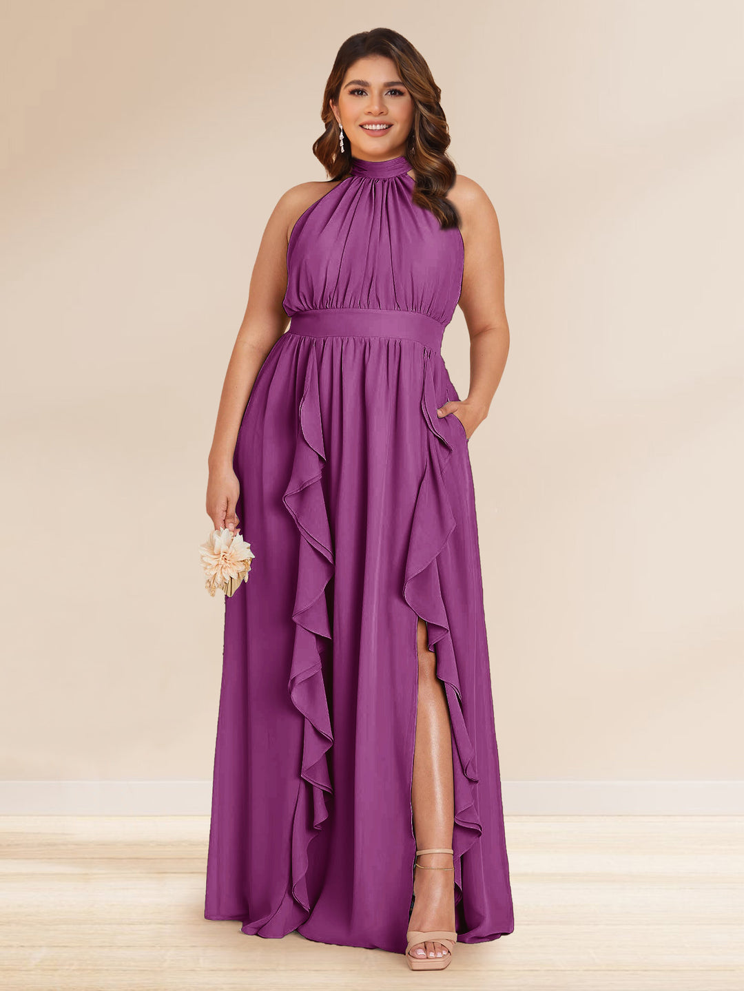 Chiffon A-Line/Princess Halter Plus Size Bridesmaid Dresses with Split Side &amp; Ruffles