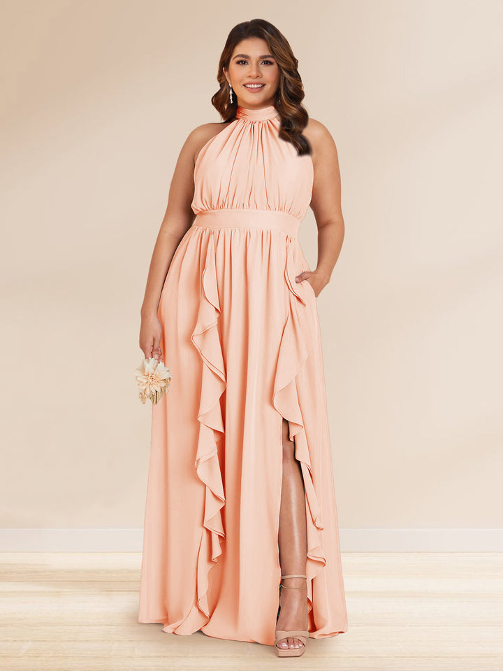 Chiffon A-Line/Princess Halter Plus Size Bridesmaid Dresses with Split Side &amp; Ruffles