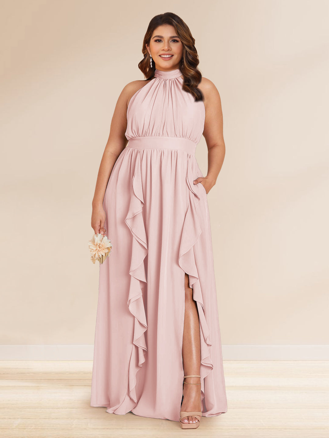 Chiffon A-Line/Princess Halter Plus Size Bridesmaid Dresses with Split Side &amp; Ruffles