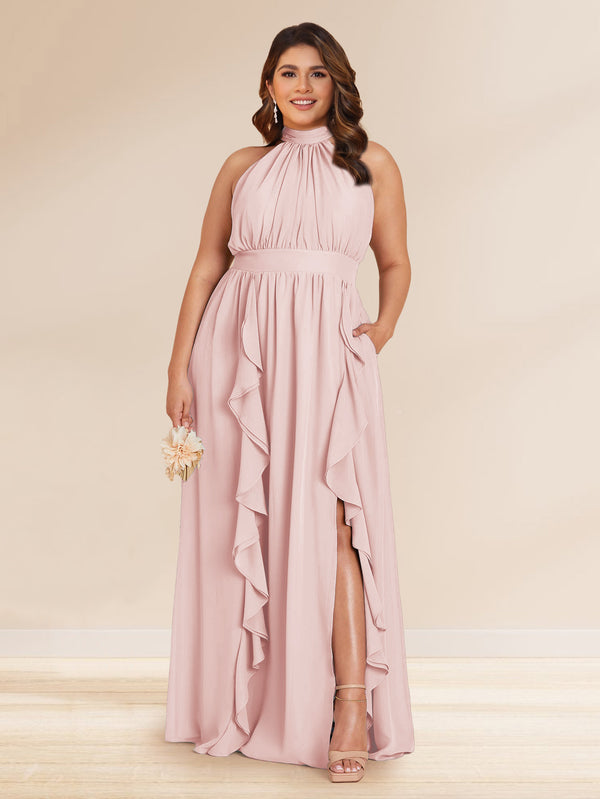 Chiffon A-Line/Princess Halter Plus Size Bridesmaid Dresses with Split Side & Ruffles