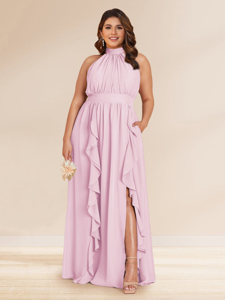 Chiffon A-Line/Princess Halter Plus Size Bridesmaid Dresses with Split Side &amp; Ruffles