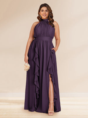 Chiffon A-Line/Princess Halter Plus Size Bridesmaid Dresses with Split Side & Ruffles