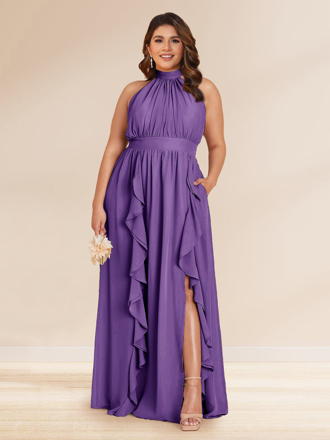 Chiffon A-Line/Princess Halter Plus Size Bridesmaid Dresses with Split Side &amp; Ruffles