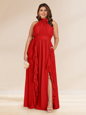 Chiffon A-Line/Princess Halter Plus Size Bridesmaid Dresses with Split Side & Ruffles
