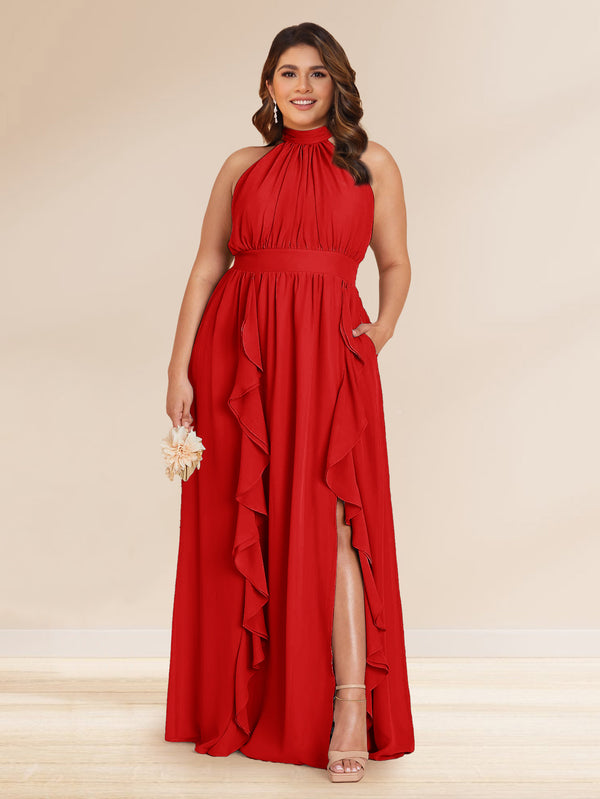 Chiffon A-Line/Princess Halter Plus Size Bridesmaid Dresses with Split Side & Ruffles