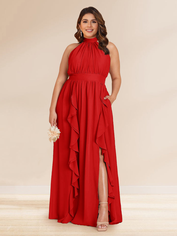 Chiffon A-Line/Princess Halter Plus Size Bridesmaid Dresses with Split Side &amp; Ruffles