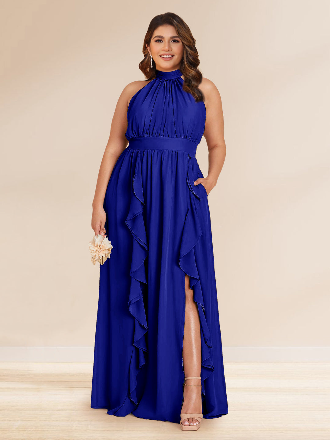 Chiffon A-Line/Princess Halter Plus Size Bridesmaid Dresses with Split Side &amp; Ruffles
