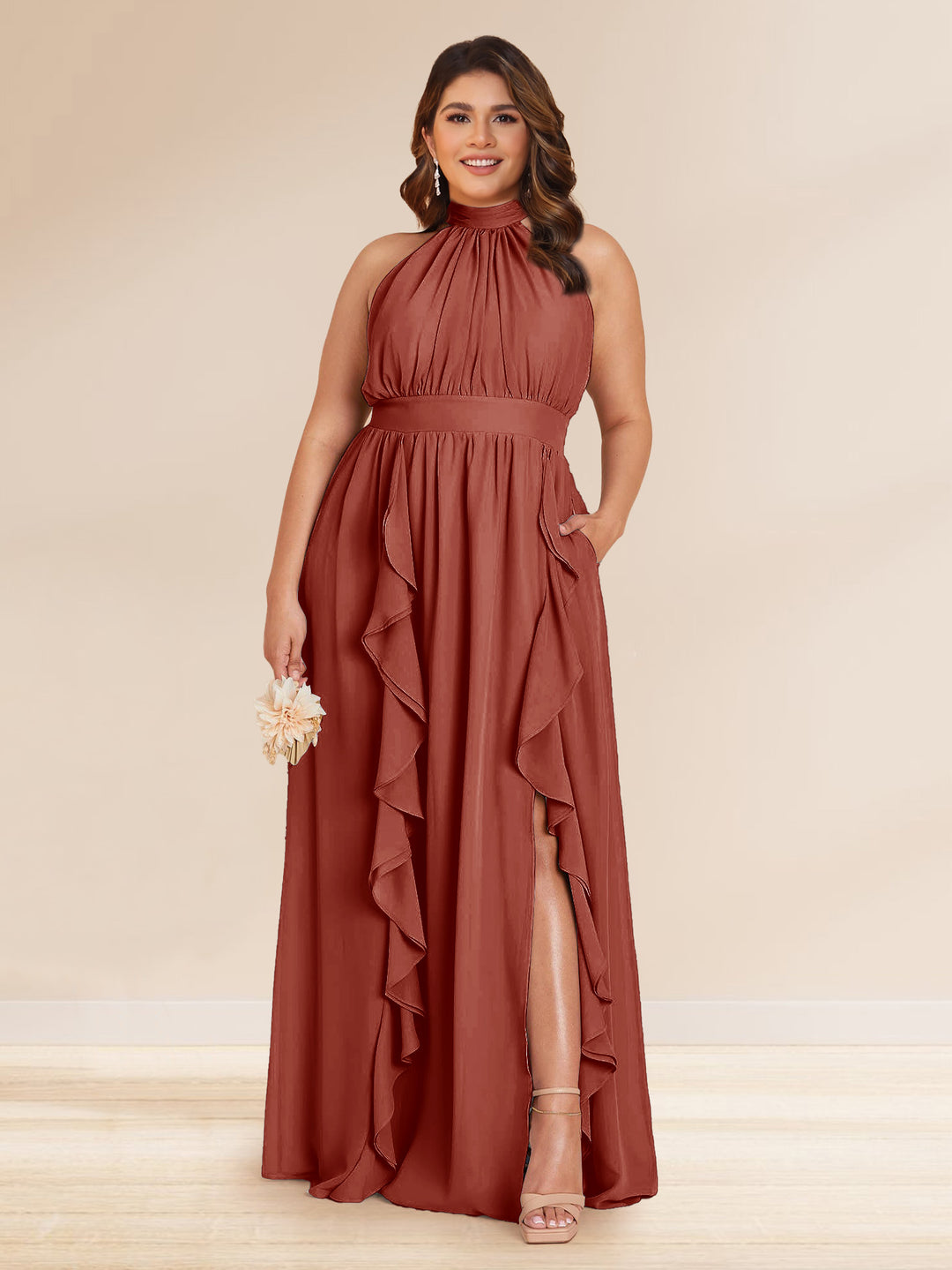 Chiffon A-Line/Princess Halter Plus Size Bridesmaid Dresses with Split Side &amp; Ruffles