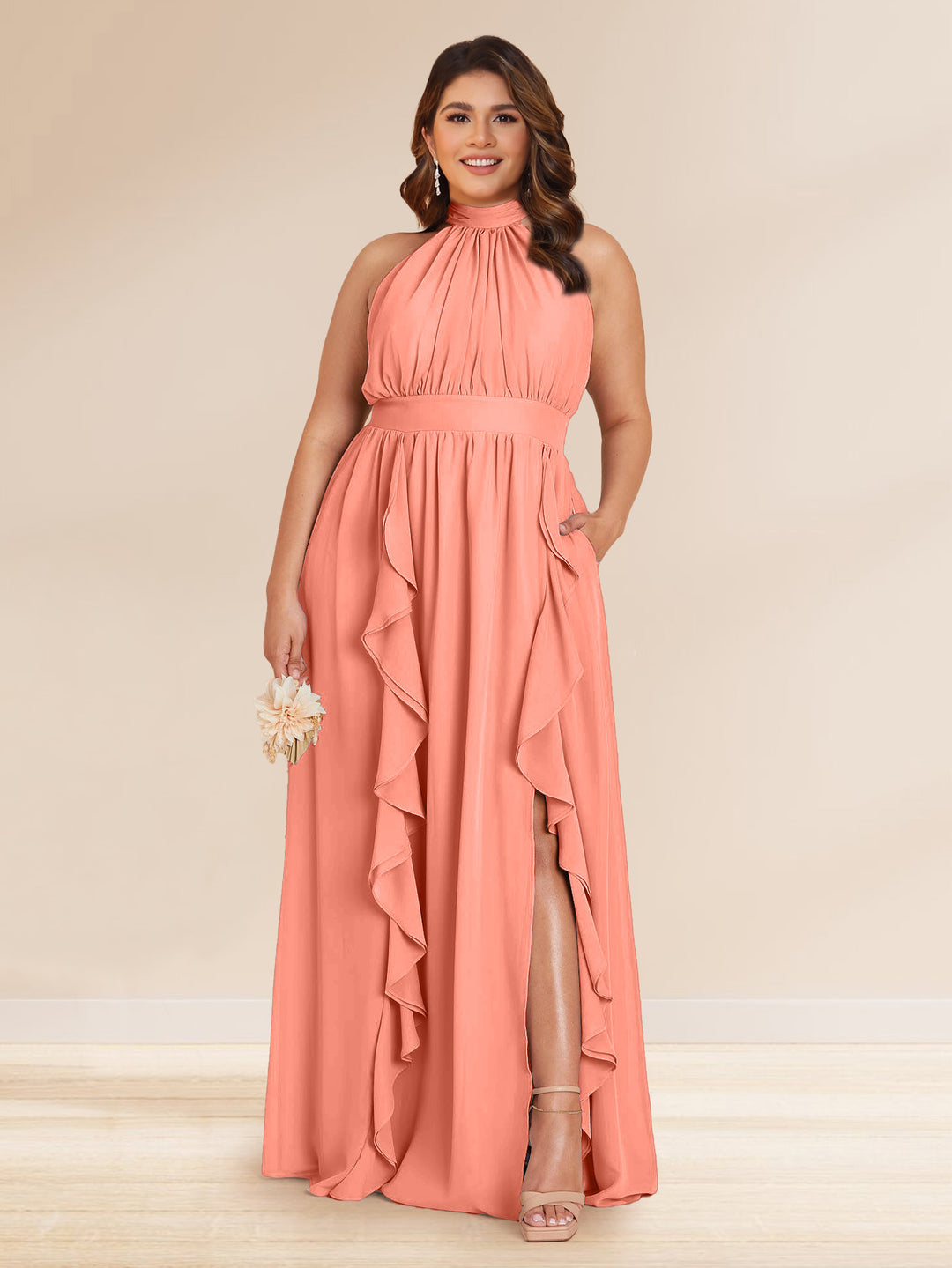 Chiffon A-Line/Princess Halter Plus Size Bridesmaid Dresses with Split Side &amp; Ruffles