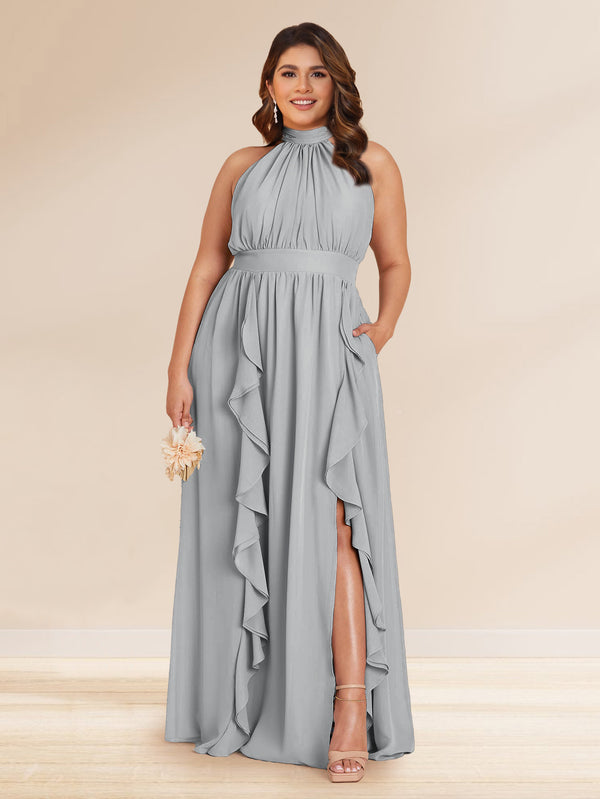 Chiffon A-Line/Princess Halter Plus Size Bridesmaid Dresses with Split Side & Ruffles