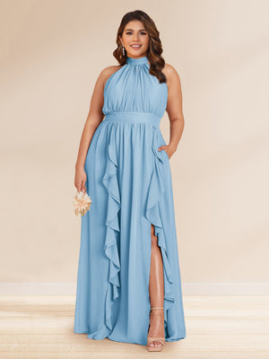 Chiffon A-Line/Princess Halter Plus Size Bridesmaid Dresses with Split Side & Ruffles
