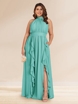 Chiffon A-Line/Princess Halter Plus Size Bridesmaid Dresses with Split Side & Ruffles