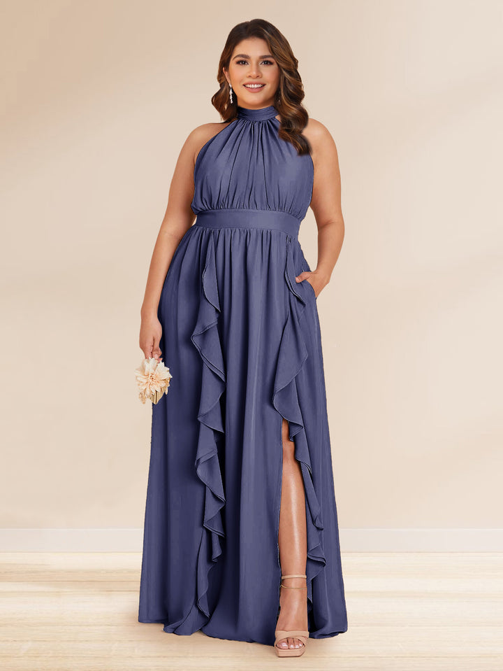 Chiffon A-Line/Princess Halter Plus Size Bridesmaid Dresses with Split Side &amp; Ruffles