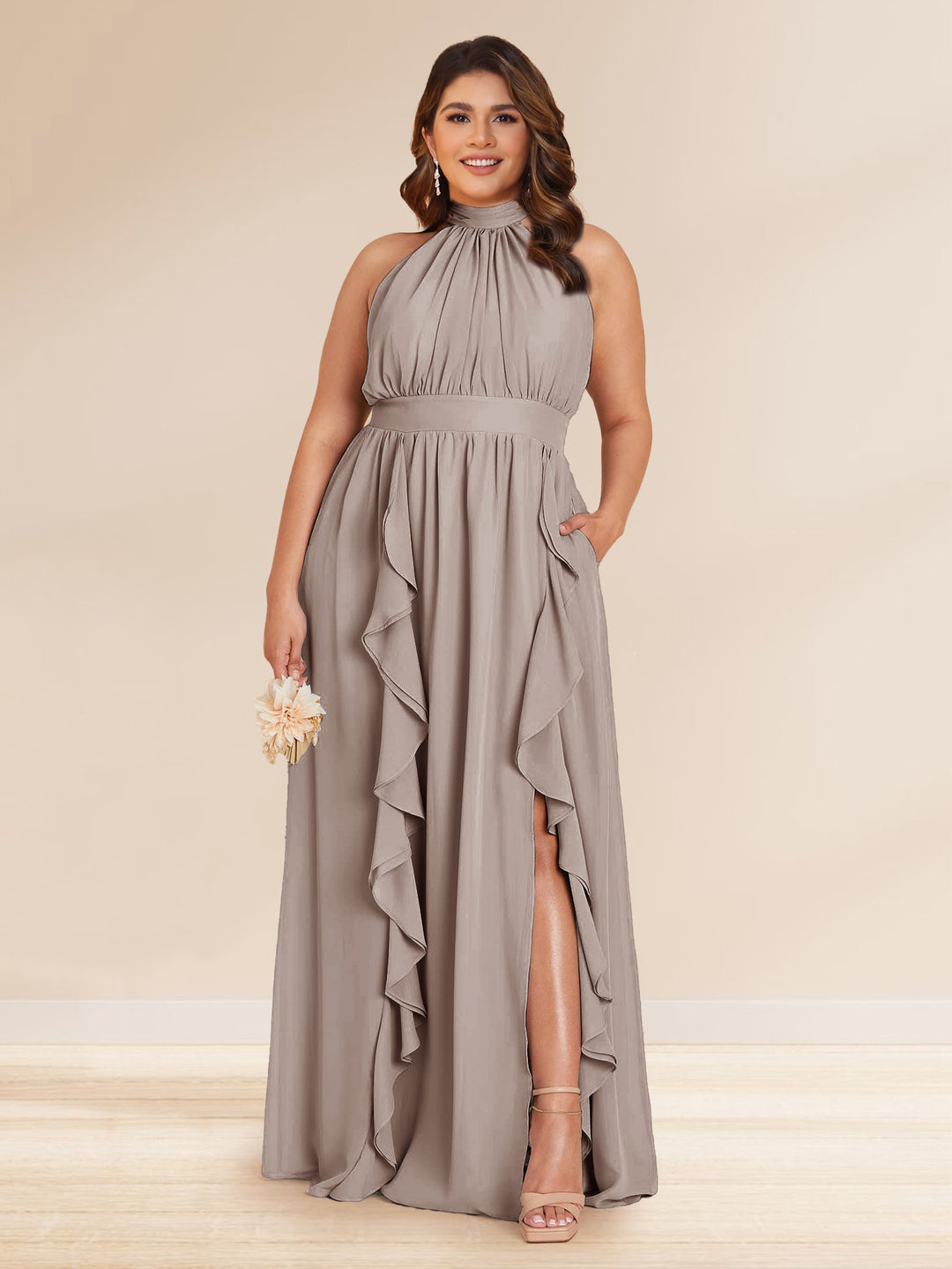 Chiffon A-Line/Princess Halter Plus Size Bridesmaid Dresses with Split Side &amp; Ruffles