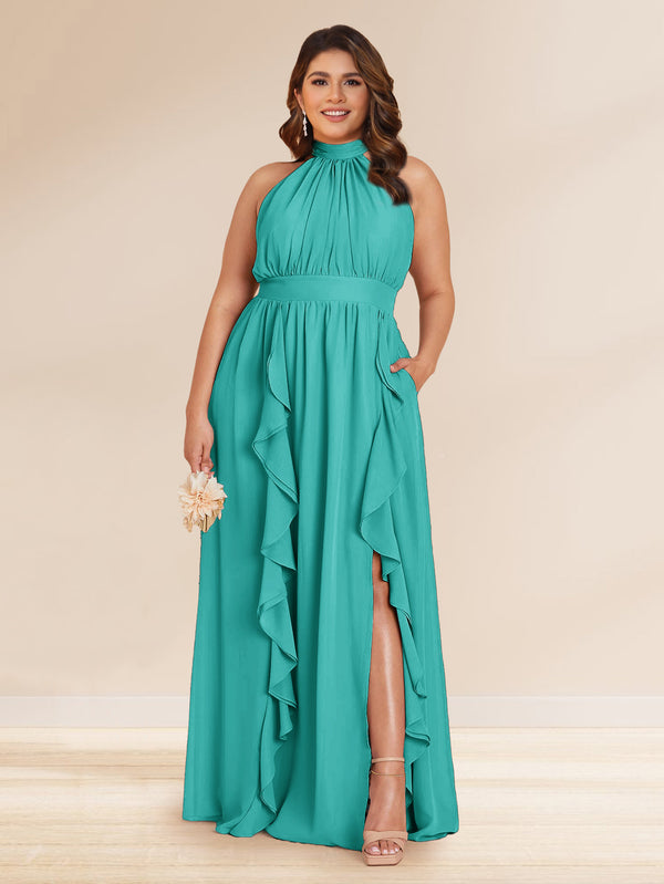 Chiffon A-Line/Princess Halter Plus Size Bridesmaid Dresses with Split Side & Ruffles
