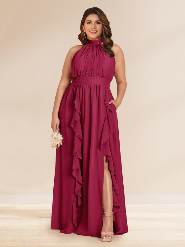 Chiffon A-Line/Princess Halter Plus Size Bridesmaid Dresses with Split Side & Ruffles
