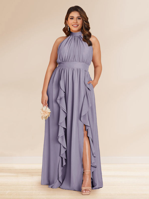 Chiffon A-Line/Princess Halter Plus Size Bridesmaid Dresses with Split Side & Ruffles