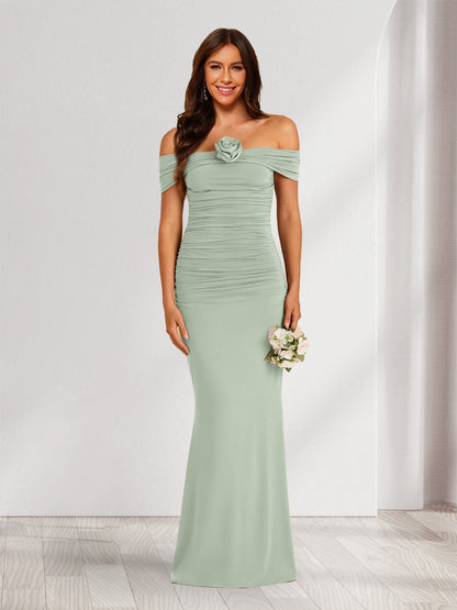 Sheath/Column Off-the-Shoulder Sleeveless Ruched Bridesmaid Dresses with 3D Floral