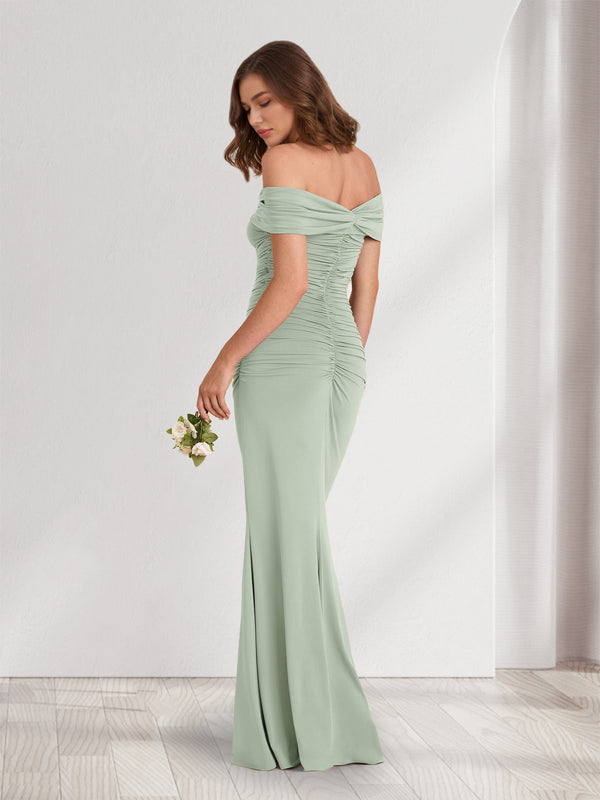 Sheath/Column Off-the-Shoulder Sleeveless Ruched Bridesmaid Dresses with 3D Floral