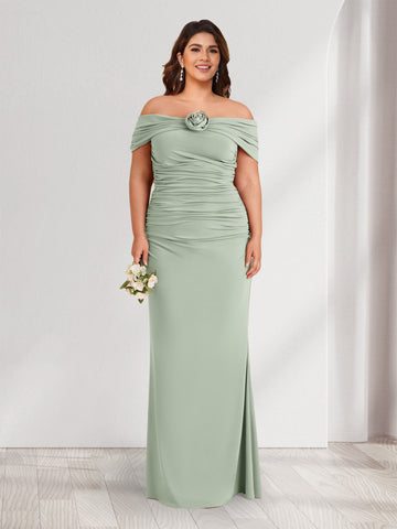 Sheath/Column Off-the-Shoulder Sleeveless Ruched Plus Size Bridesmaid Dresses with 3D Floral