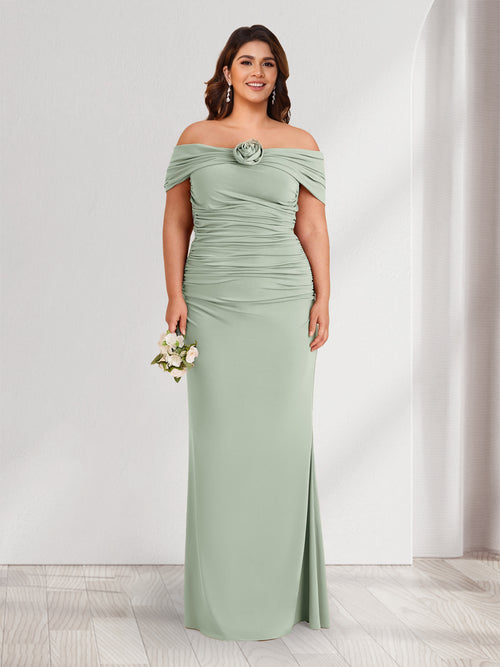 Sheath/Column Off-the-Shoulder Sleeveless Ruched Plus Size Bridesmaid Dresses with 3D Floral