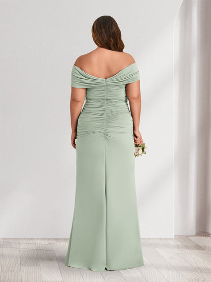 Sheath/Column Off-the-Shoulder Sleeveless Ruched Plus Size Bridesmaid Dresses with 3D Floral