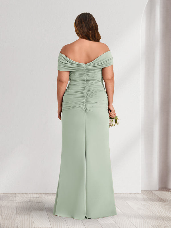 Sheath/Column Off-the-Shoulder Sleeveless Ruched Plus Size Bridesmaid Dresses with 3D Floral