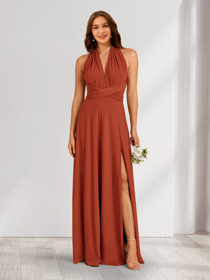 A-Line/Princess V-Neck Halter Bridesmaid Dresses with Split Side