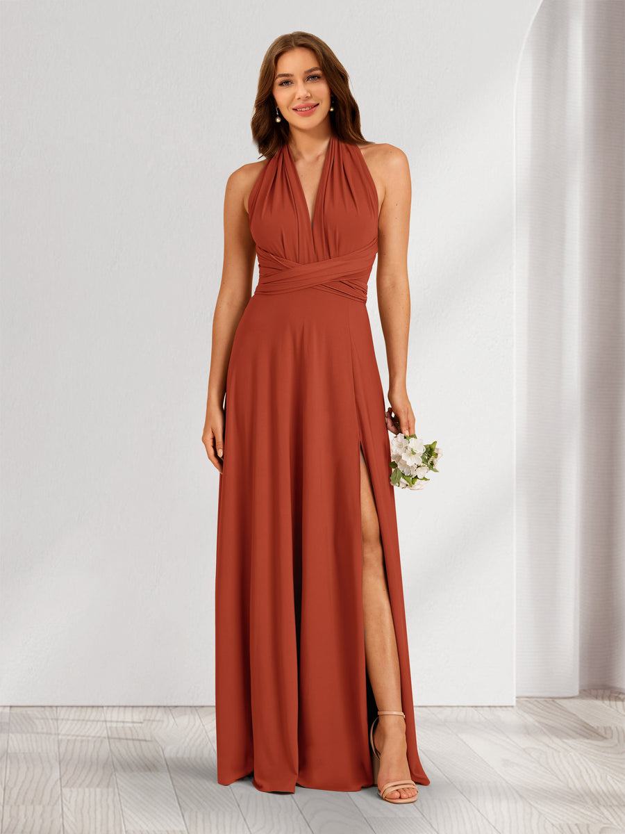 A-Line/Princess V-Neck Halter Bridesmaid Dresses with Split Side