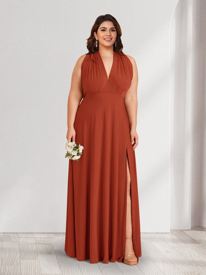 A-Line/Princess V-Neck Halter Plus Size Bridesmaid Dresses with Split Side