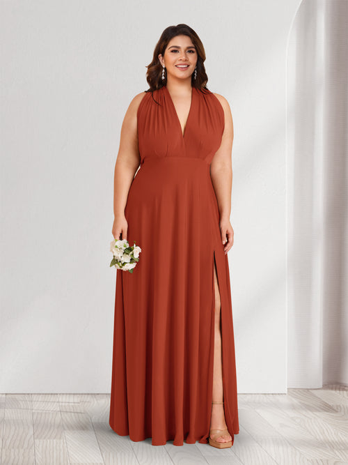 A-Line/Princess V-Neck Halter Plus Size Bridesmaid Dresses with Split Side